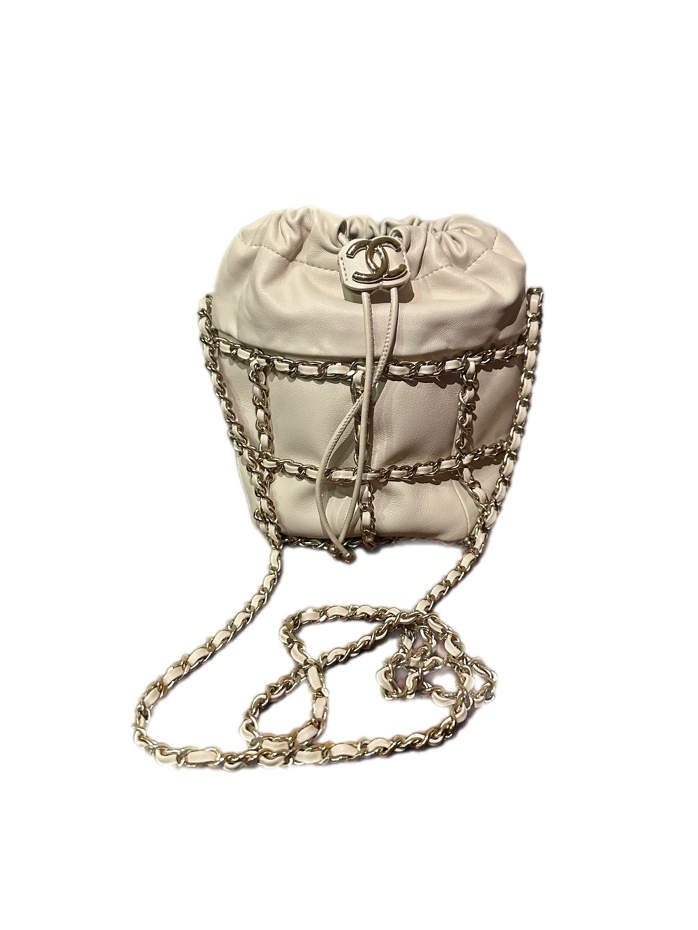 Chanel CC Bucket Bag Drawstring Cream Leather Gold Chain Crossbody | Auth Card